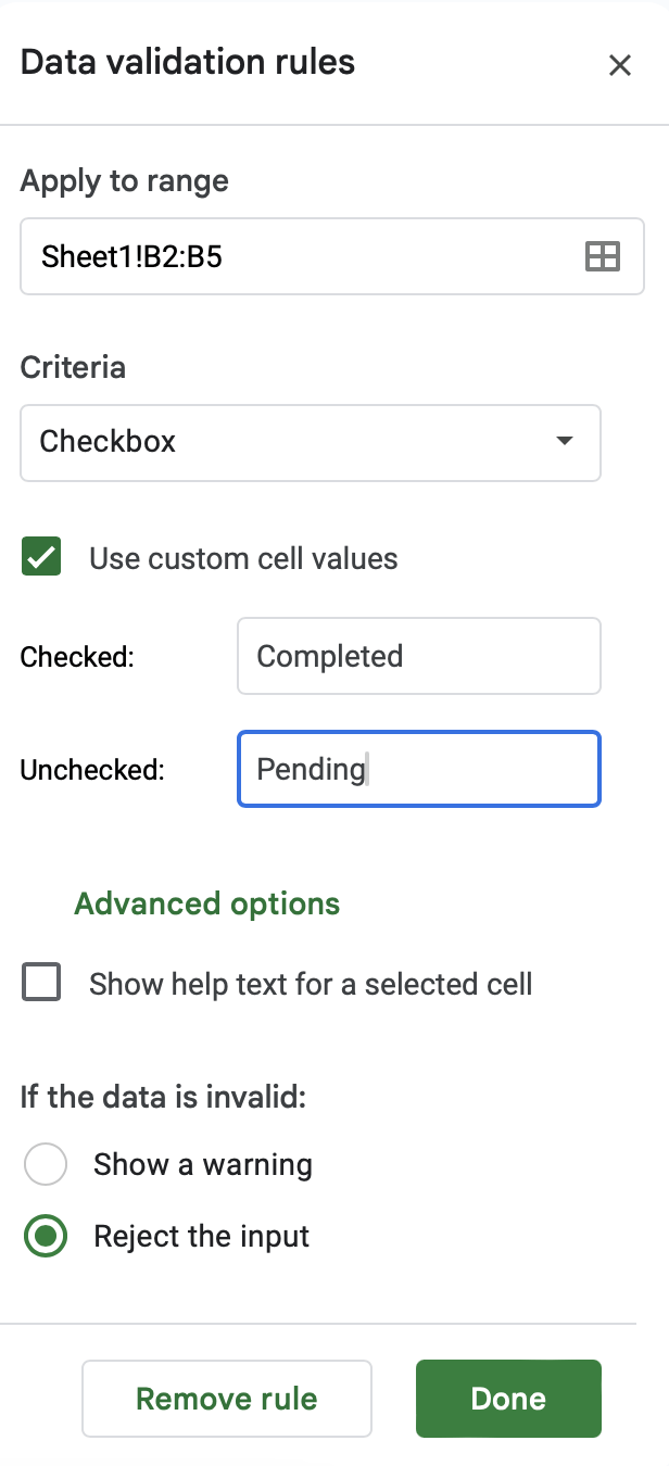 How to insert a checkbox in Google Sheets: Set custom checkbox values